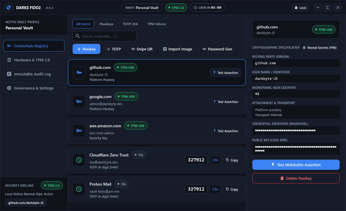 Darks FIDO2 v0.6.4 Main Console Interface